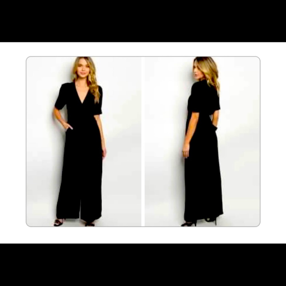 Black V-neck tie belt wide leg jumpsuit.